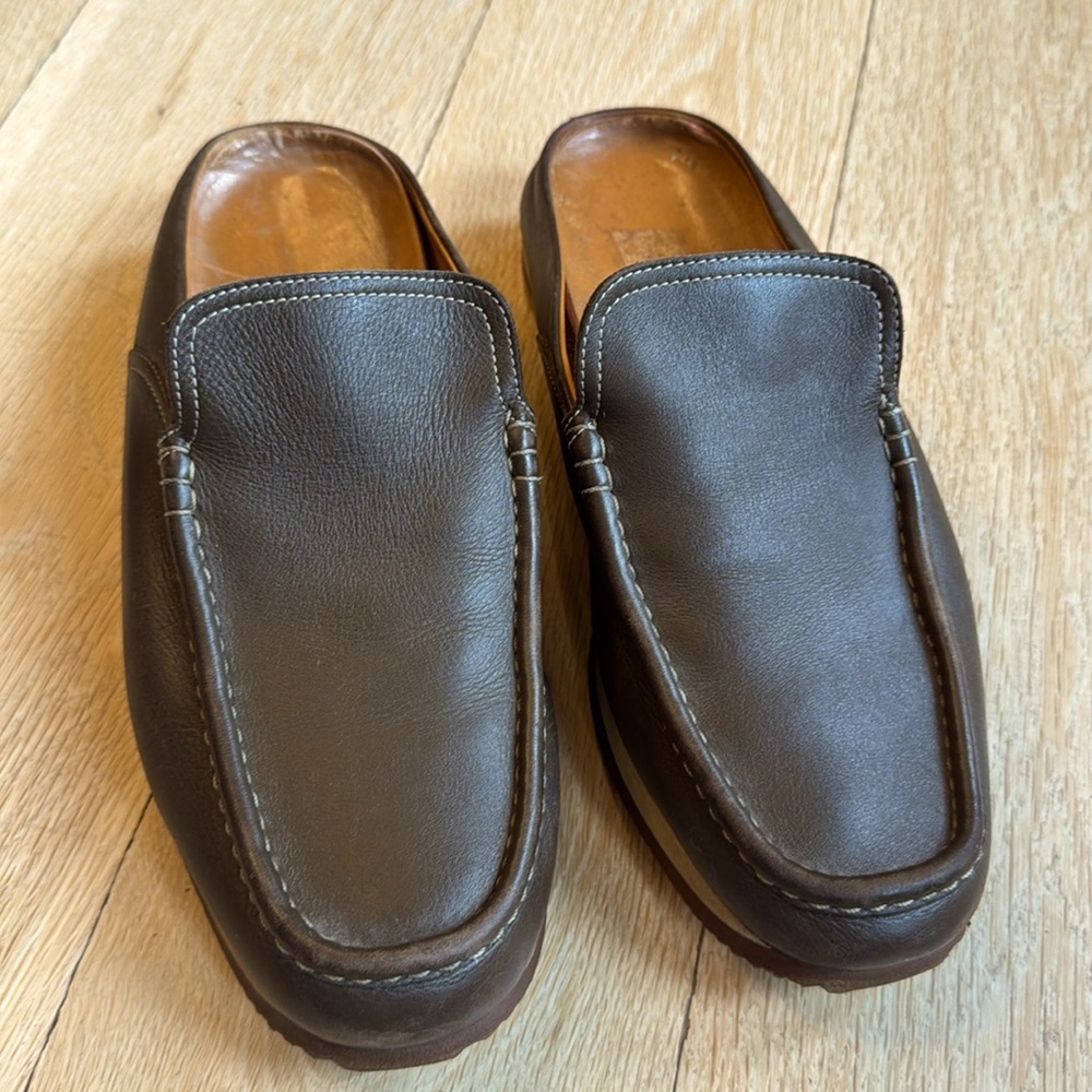Men’s Hermes brown open heel slip on shoe .